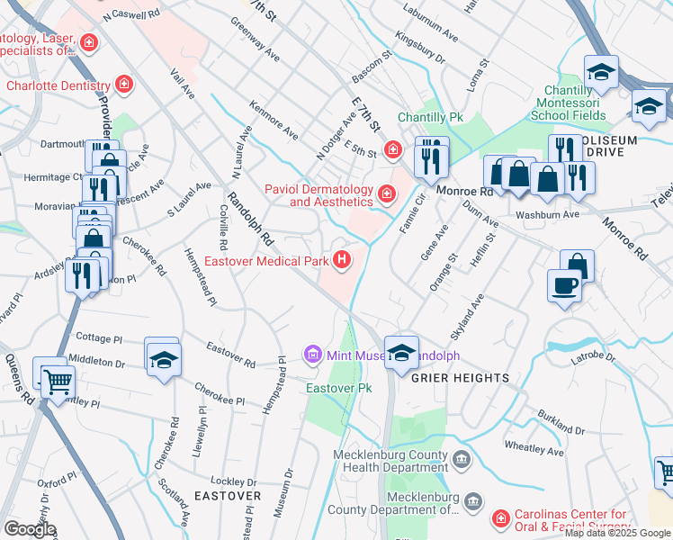 map of restaurants, bars, coffee shops, grocery stores, and more near 2711 Randolph Road in Charlotte