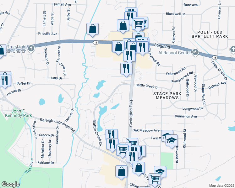 map of restaurants, bars, coffee shops, grocery stores, and more near 4981 Hidden Lake Drive in Memphis