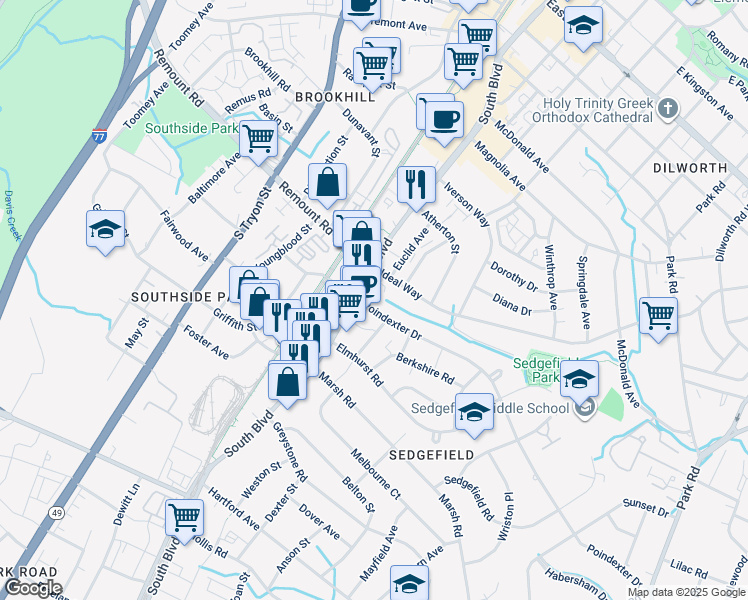map of restaurants, bars, coffee shops, grocery stores, and more near 215 Poindexter Drive in Charlotte