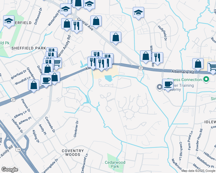 map of restaurants, bars, coffee shops, grocery stores, and more near Reddman Square Apartments Drive in Charlotte