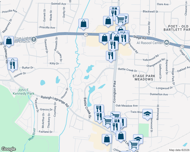 map of restaurants, bars, coffee shops, grocery stores, and more near 4936 Battle Forest Cove in Memphis
