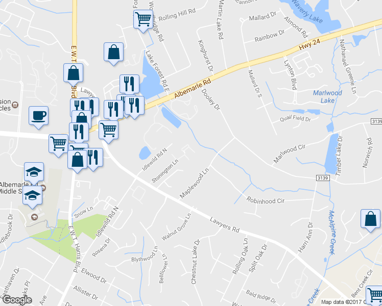 map of restaurants, bars, coffee shops, grocery stores, and more near 7130 Stonington Lane in Charlotte