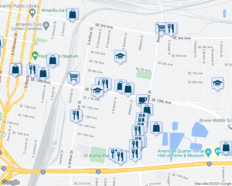map of restaurants, bars, coffee shops, grocery stores, and more near 998 South Roberts Street in Amarillo