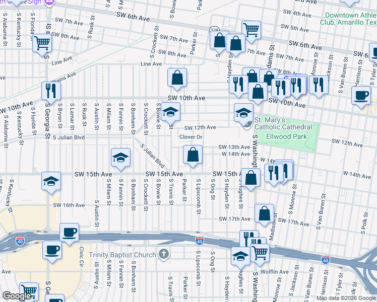 map of restaurants, bars, coffee shops, grocery stores, and more near 1505 Clover Drive in Amarillo