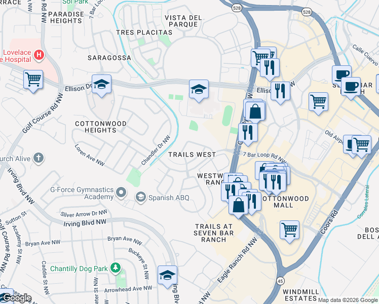 map of restaurants, bars, coffee shops, grocery stores, and more near 10447 Trail Boss Drive Northwest in Albuquerque
