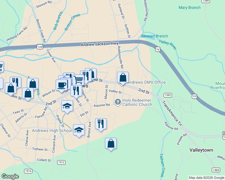 map of restaurants, bars, coffee shops, grocery stores, and more near 1410 Main Street in Andrews