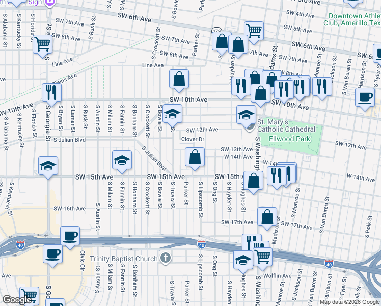 map of restaurants, bars, coffee shops, grocery stores, and more near 1505 Clover Drive in Amarillo