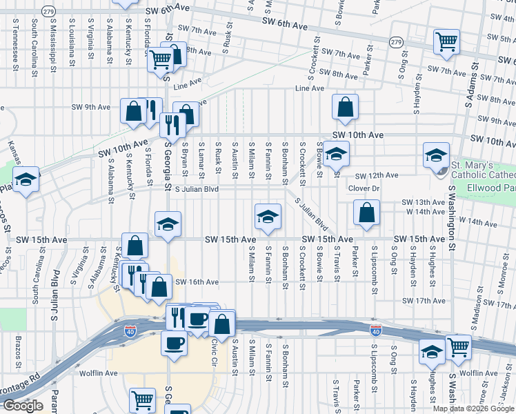 map of restaurants, bars, coffee shops, grocery stores, and more near 2001 Julian Blvd in Amarillo