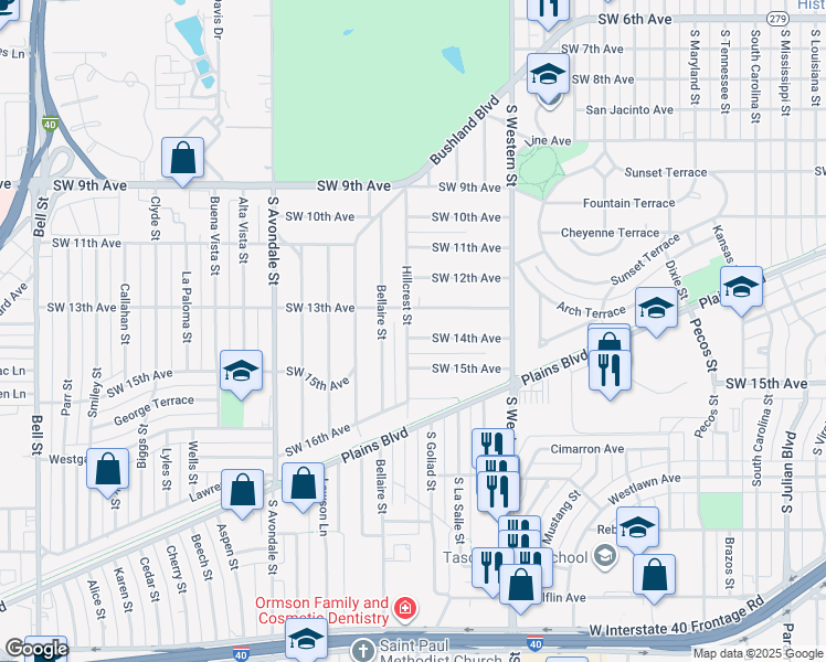 map of restaurants, bars, coffee shops, grocery stores, and more near 4247 Southwest 13th Avenue in Amarillo