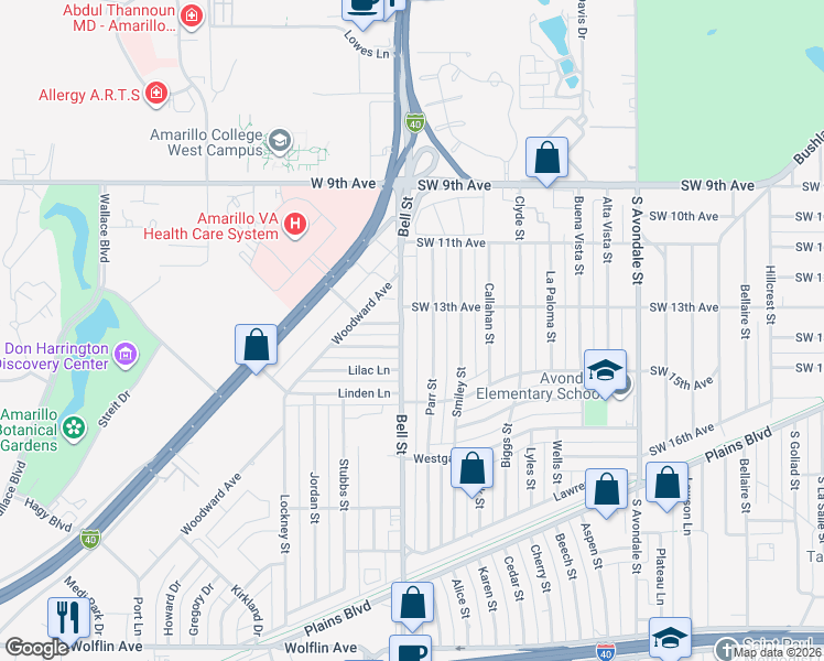 map of restaurants, bars, coffee shops, grocery stores, and more near 1112-1198 Bell St in Amarillo