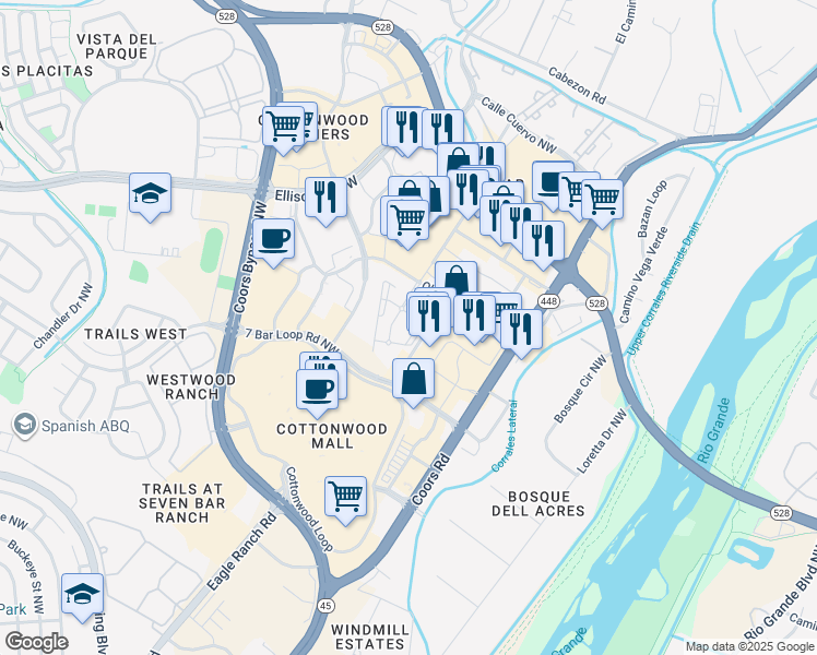 map of restaurants, bars, coffee shops, grocery stores, and more near 3550 Old Airport Road Northwest in Albuquerque