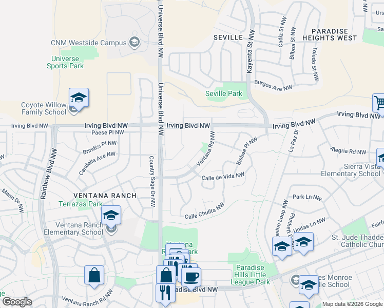 map of restaurants, bars, coffee shops, grocery stores, and more near 6409 Los Pueblos Place Northwest in Albuquerque