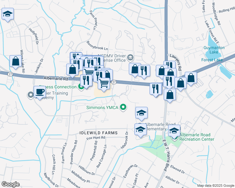 map of restaurants, bars, coffee shops, grocery stores, and more near 6605 Yateswood Drive in Charlotte