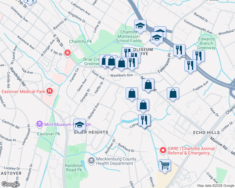 map of restaurants, bars, coffee shops, grocery stores, and more near 3126 Dunn Avenue in Charlotte