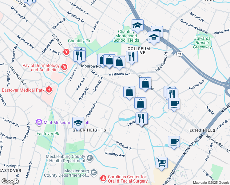 map of restaurants, bars, coffee shops, grocery stores, and more near 3126 Dunn Avenue in Charlotte