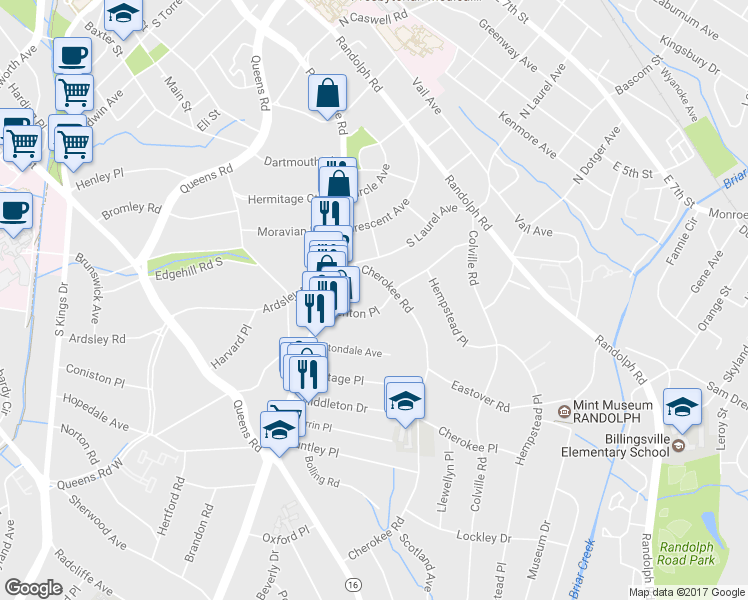 map of restaurants, bars, coffee shops, grocery stores, and more near 148 Cherokee Road in Charlotte