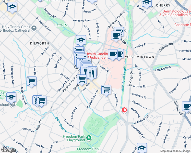 map of restaurants, bars, coffee shops, grocery stores, and more near in Charlotte