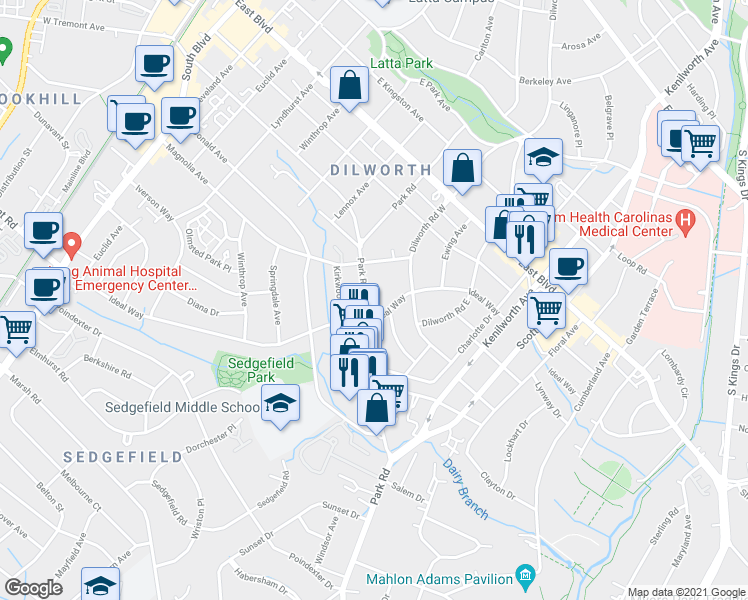 map of restaurants, bars, coffee shops, grocery stores, and more near 2119 Park Road in Charlotte