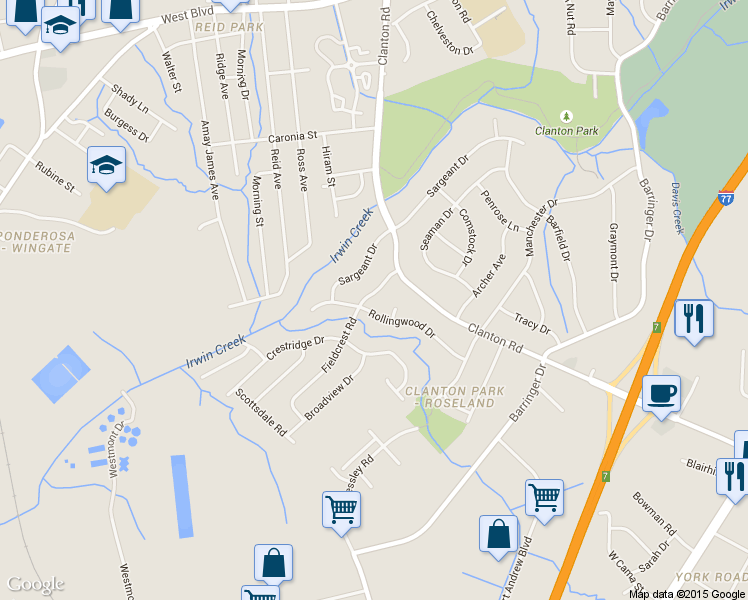 map of restaurants, bars, coffee shops, grocery stores, and more near 3716 Fieldcrest Road in Charlotte