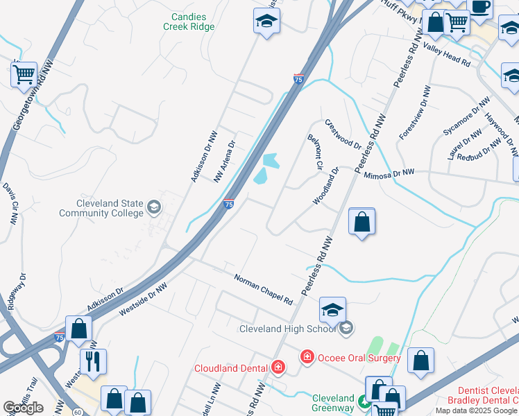 map of restaurants, bars, coffee shops, grocery stores, and more near 1220 Collegeview Drive Northwest in Cleveland