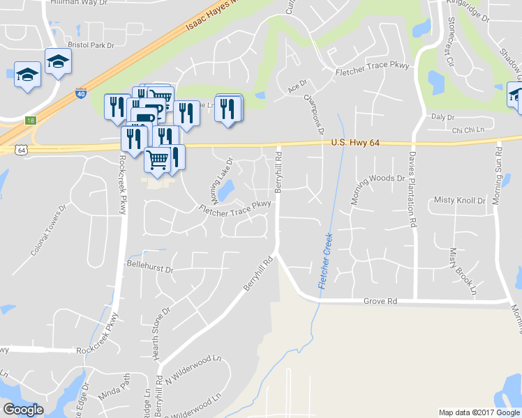 map of restaurants, bars, coffee shops, grocery stores, and more near 2809 Morning Glow Drive in Memphis
