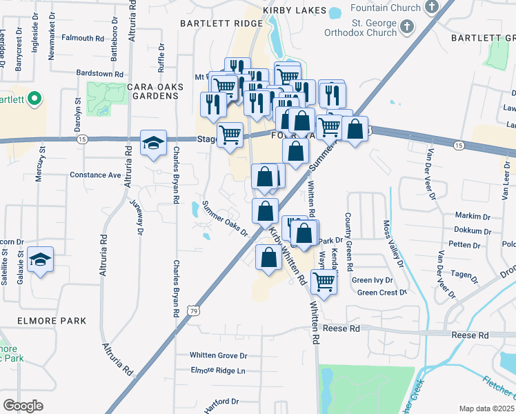 map of restaurants, bars, coffee shops, grocery stores, and more near 2790 Kirby Whitten Road in Memphis