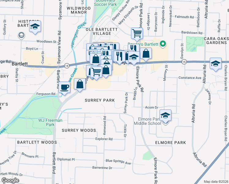 map of restaurants, bars, coffee shops, grocery stores, and more near 2786 Stage Center Drive in Bartlett