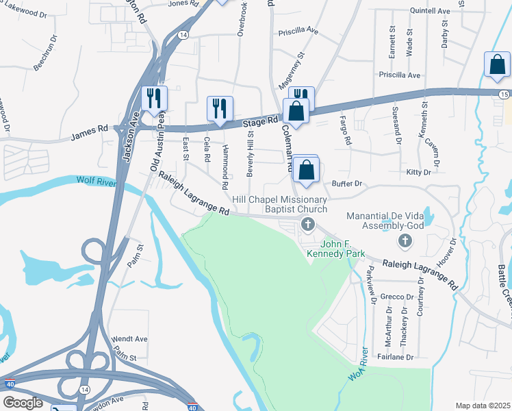 map of restaurants, bars, coffee shops, grocery stores, and more near 2813 Beverly Hill Street in Memphis