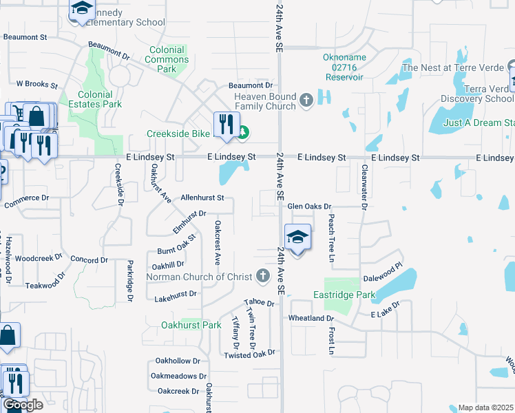 map of restaurants, bars, coffee shops, grocery stores, and more near 1305 Glen Oaks Court in Norman