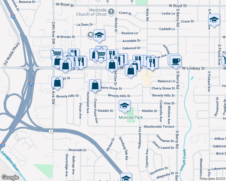 map of restaurants, bars, coffee shops, grocery stores, and more near 1811 Cherry Stone Street in Norman