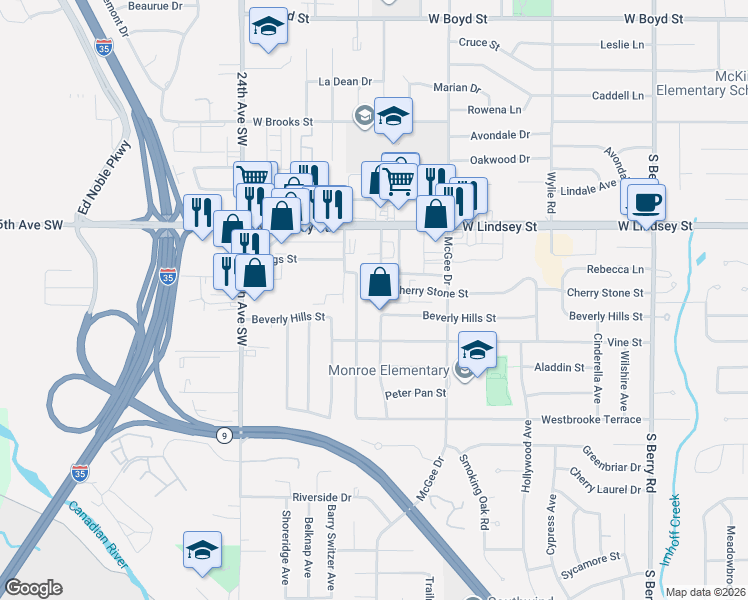 map of restaurants, bars, coffee shops, grocery stores, and more near 1333 Homeland Avenue in Norman