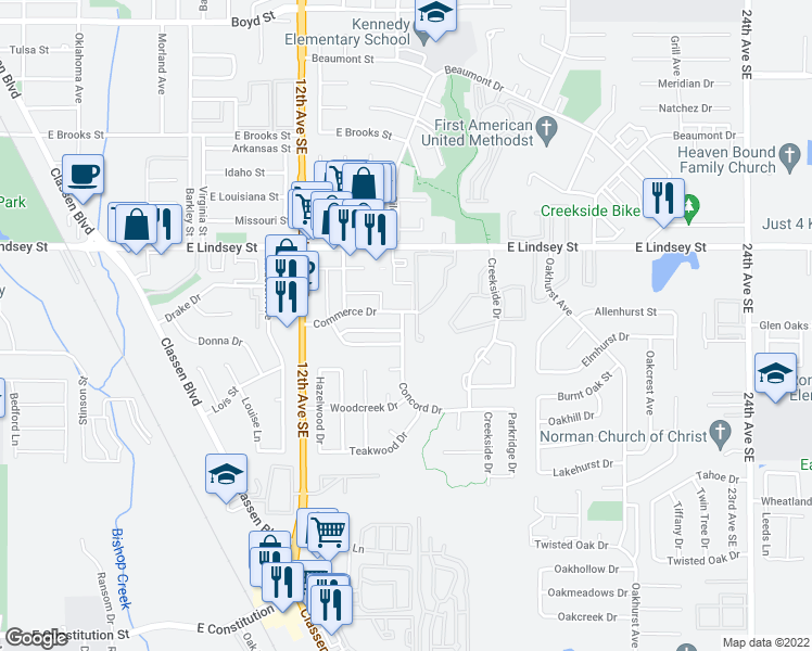 map of restaurants, bars, coffee shops, grocery stores, and more near 1409 Concord Drive in Norman