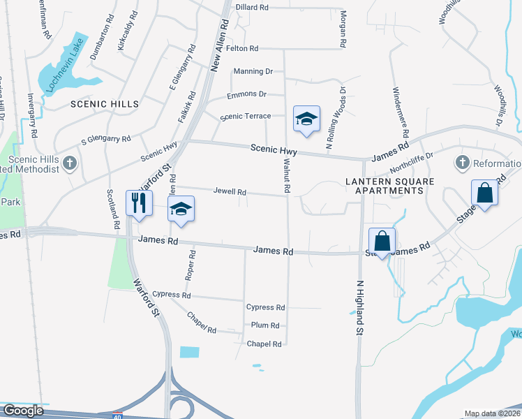 map of restaurants, bars, coffee shops, grocery stores, and more near 3383 Jewell Road in Memphis
