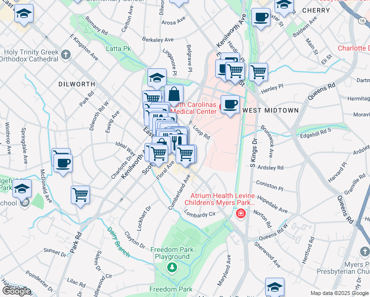 map of restaurants, bars, coffee shops, grocery stores, and more near 1712 Fountain View Street in Charlotte