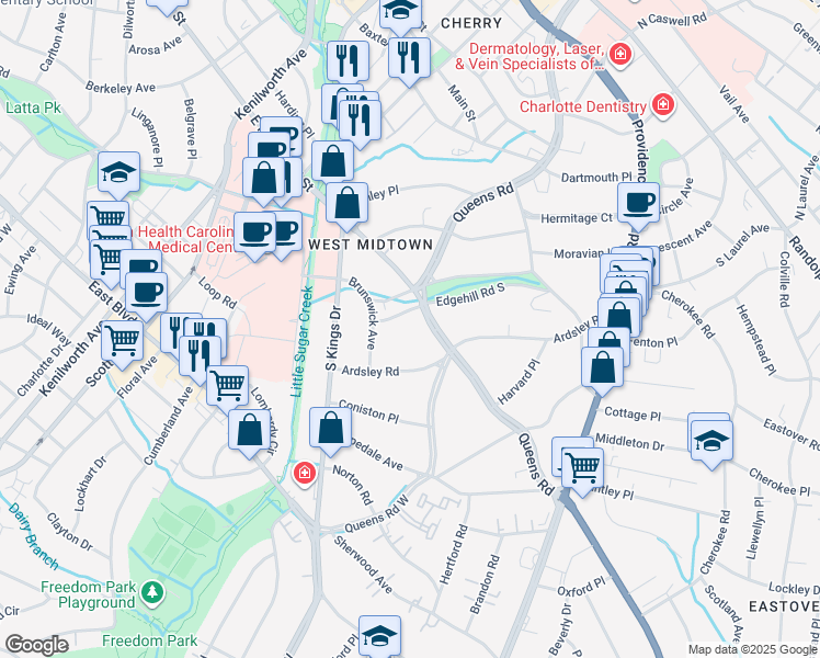 map of restaurants, bars, coffee shops, grocery stores, and more near 1030 Edgehill Road South in Charlotte