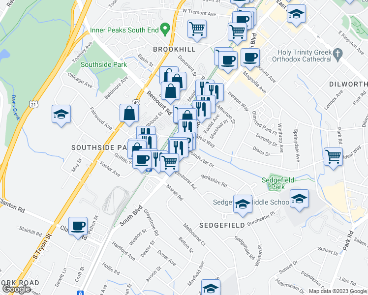 map of restaurants, bars, coffee shops, grocery stores, and more near South Blvd & Poindexter Dr in Charlotte