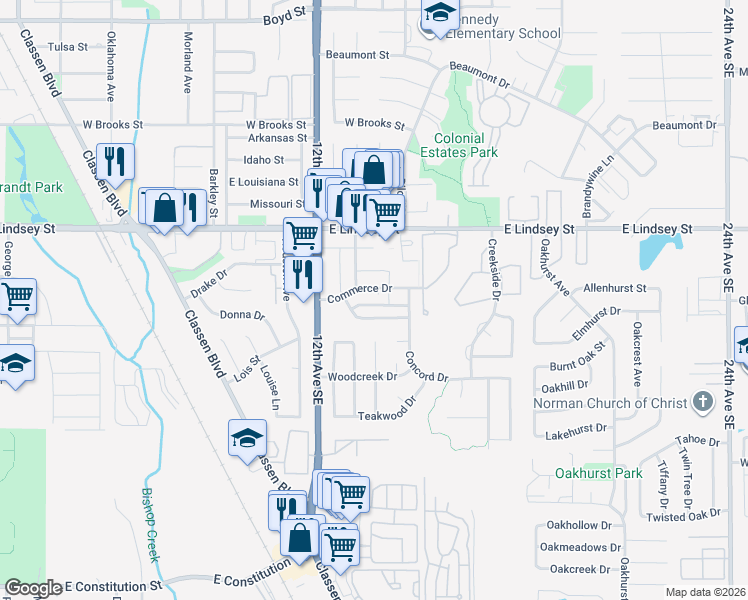 map of restaurants, bars, coffee shops, grocery stores, and more near 1317 Commerce Drive in Norman