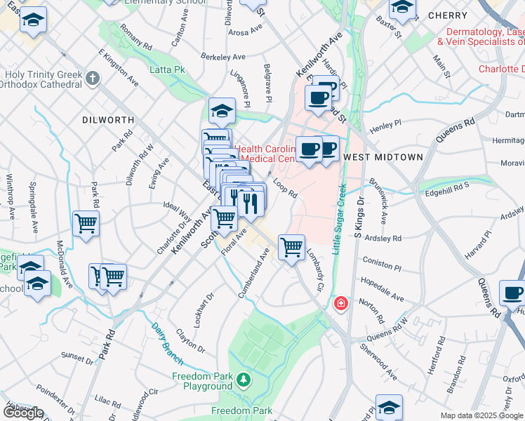 map of restaurants, bars, coffee shops, grocery stores, and more near 1712 Fountain View Street in Charlotte