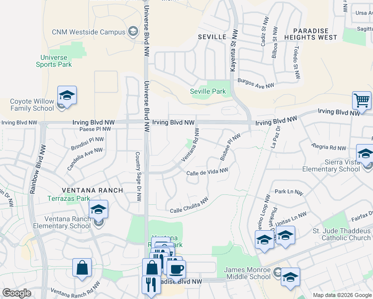 map of restaurants, bars, coffee shops, grocery stores, and more near 6338 Scottsdale Avenue Northwest in Albuquerque