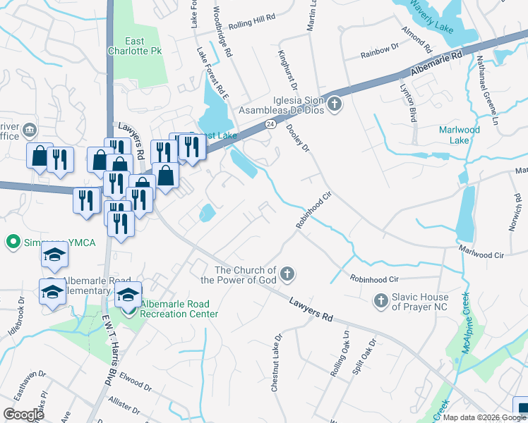 map of restaurants, bars, coffee shops, grocery stores, and more near 7165 Stonington Lane in Charlotte