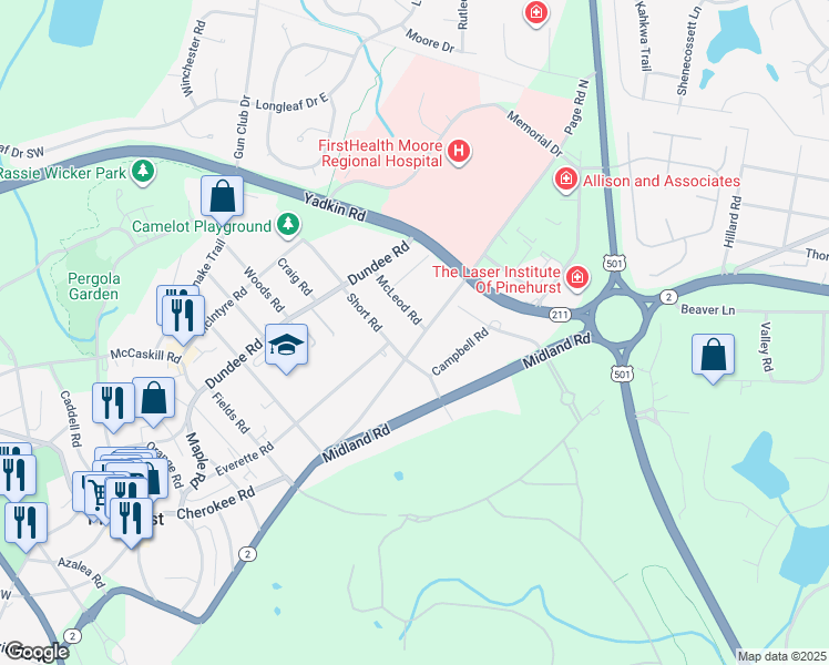 map of restaurants, bars, coffee shops, grocery stores, and more near 10 McLeod Road in Pinehurst
