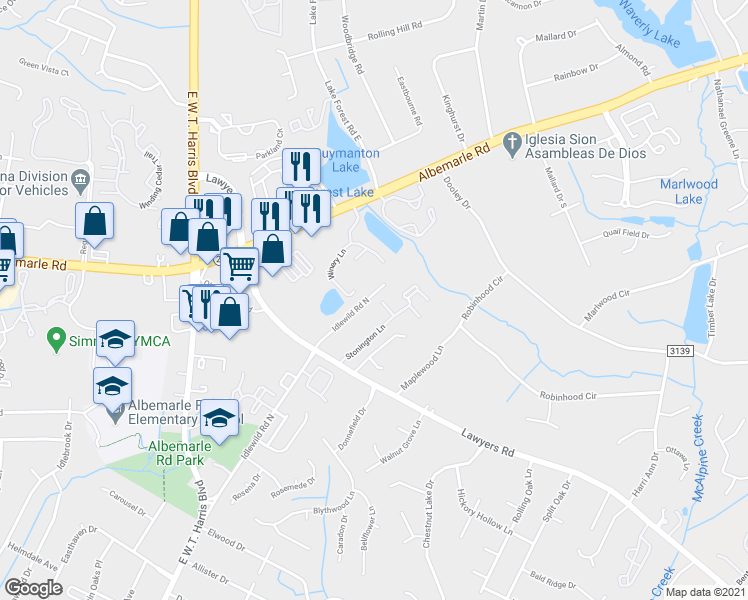 map of restaurants, bars, coffee shops, grocery stores, and more near 5616 Idlewild Road North in Charlotte