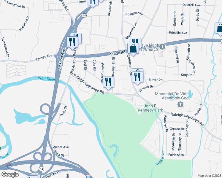 map of restaurants, bars, coffee shops, grocery stores, and more near 2789 Beverly Hill Street in Memphis