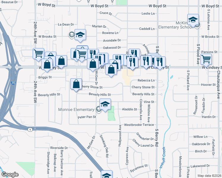 map of restaurants, bars, coffee shops, grocery stores, and more near 1537 Cherry Stone Street in Norman