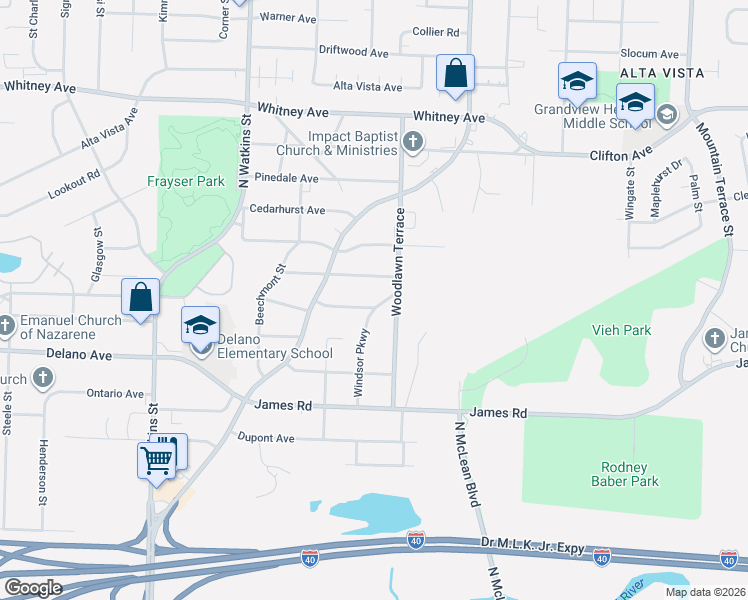 map of restaurants, bars, coffee shops, grocery stores, and more near 1965 The Elms Avenue in Memphis