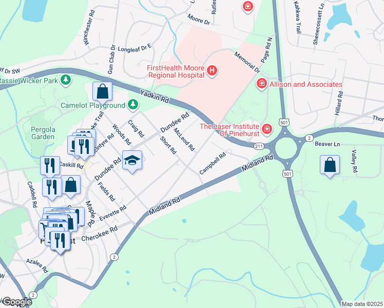 map of restaurants, bars, coffee shops, grocery stores, and more near 135 Page Road in Pinehurst