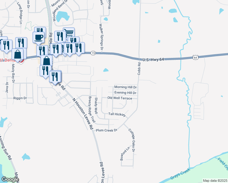 map of restaurants, bars, coffee shops, grocery stores, and more near 10164 Morning Hill Drive in Memphis