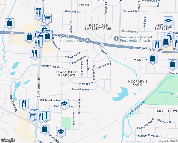 map of restaurants, bars, coffee shops, grocery stores, and more near 2780 Baywood Drive in Memphis