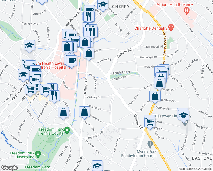 map of restaurants, bars, coffee shops, grocery stores, and more near 1030 Edgehill Road South in Charlotte