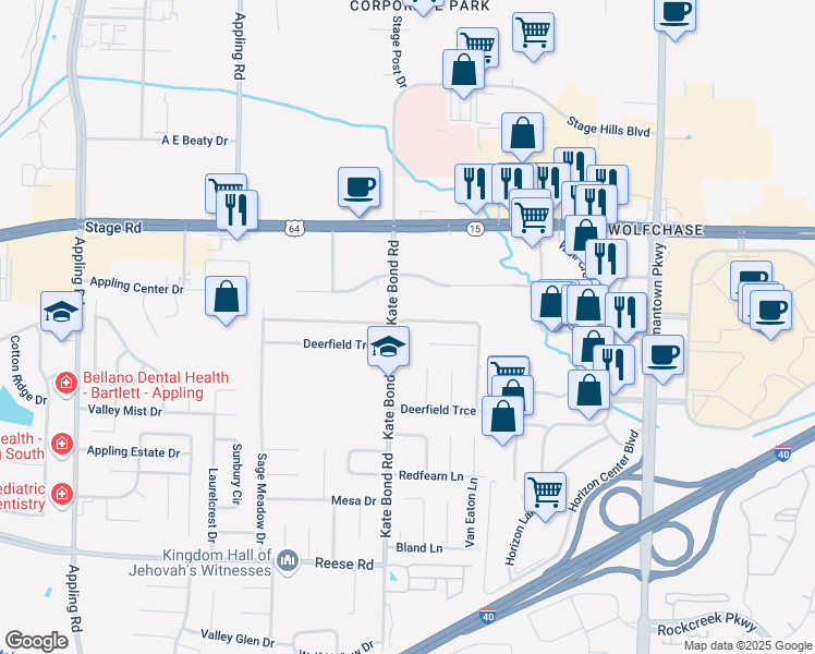 map of restaurants, bars, coffee shops, grocery stores, and more near 2796 Kate Bond Road in Memphis